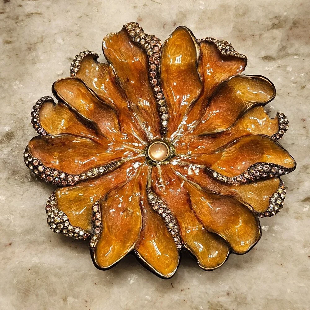 JAY STRONGWATER CHRYSANTHEMUM FLOWER ENAMEL CRYSTAL JEWELRY TRINKET TRAY DISH